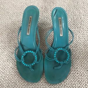 Turquoise Manolo Blahnik Low-Heeled Sandals